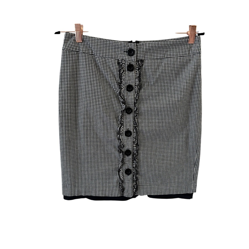 Bebe Gingham Mini Pencil Skirt Size 8 Black White‎ Y2K Ruffle Button Front